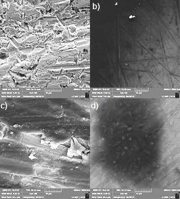 Figura 16 - Micrografias do aço carbono (a), e os filmes BTSE-MAP (b), GPTMS- MAP (c) e TEOS-MAP (d) aplicados sobre o substrato. 41 Fonte: Autor (2018).