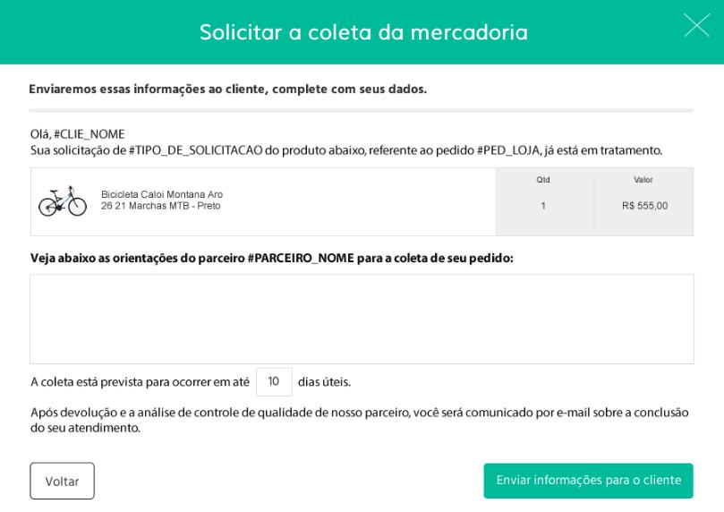 TROCA E REEMBOLSO Coleta Informe o tempo previsto para ocorrer a coleta em dias úteis.