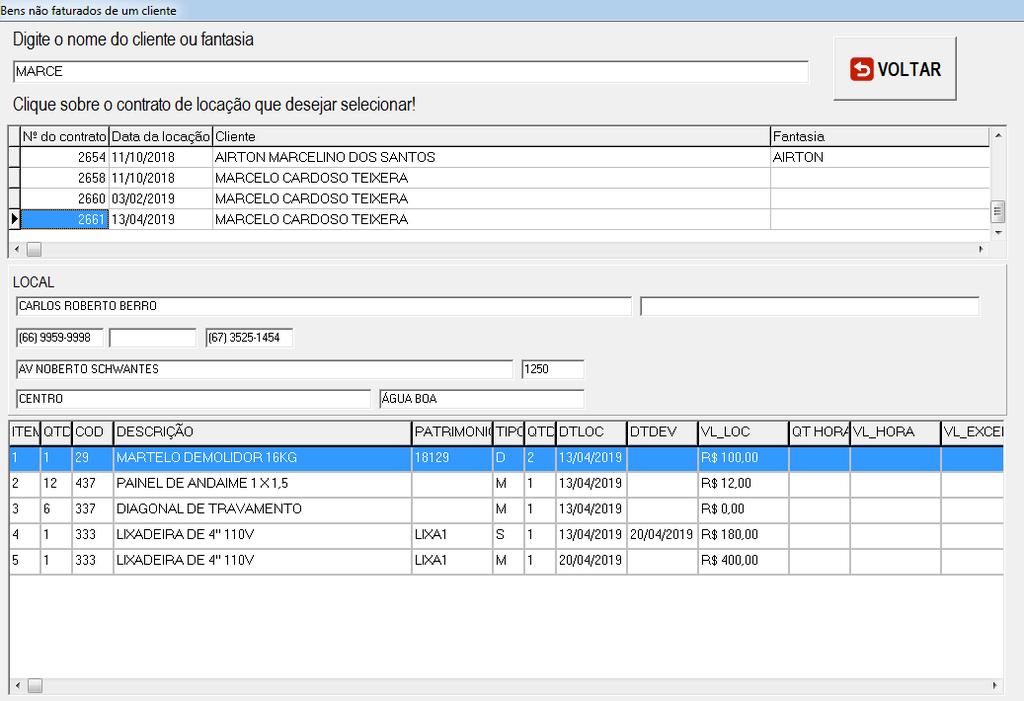 PROCESSO DE FATURAMENTO Quando a opção escolhida é selecionar o contrato pelo nome do cliente, tem-se a tela ao lado.