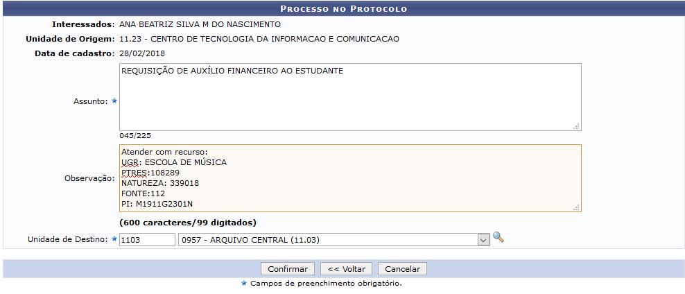 Cadastro da Requisição Deve-se informar o Assunto do processo, inserir no campo Observação