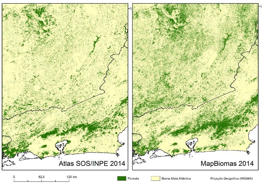 Visualizando a região do sul de Minas Gerais e centro do Rio de Janeiro com maior detalhe é possível observar que existe grande consistência na localização das principais manchas de floresta, mas o