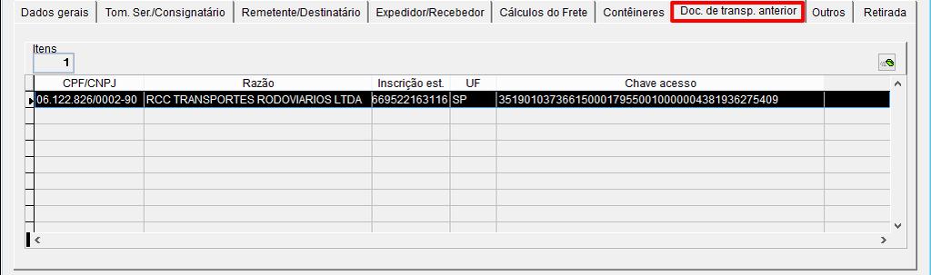 anterior tela para inclusão de dados de documentos de transportes