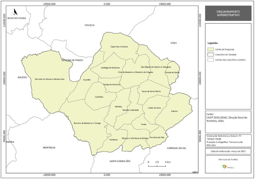 Mapa 1: Enquadramento Administrativo do município de Tondela Face legislação em vigor, enquanto responsável municipal pela política de proteção civil e a autoridade municipal de proteção civil, o