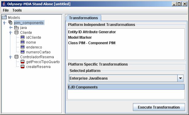 Figura 4.9: Seleção da transformação EJBComponents. Figura 4.10: Wizard de execução da transformação EJBComponents.