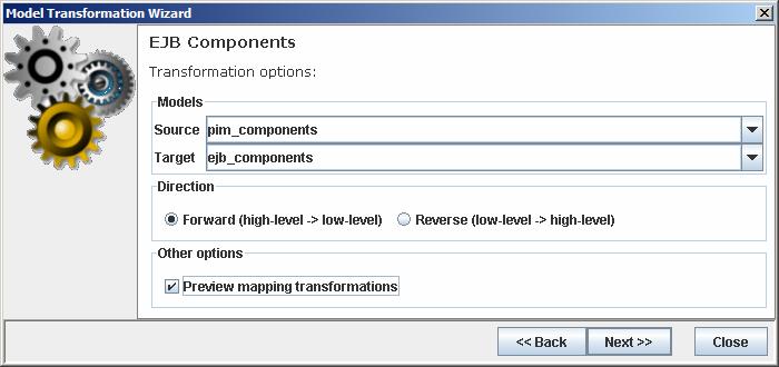 11 abaixo. Modelos de entrada e saída Direção da transformação Pré-visualização Figura 4.11: Configurações da execução da transformação EJBComponents.