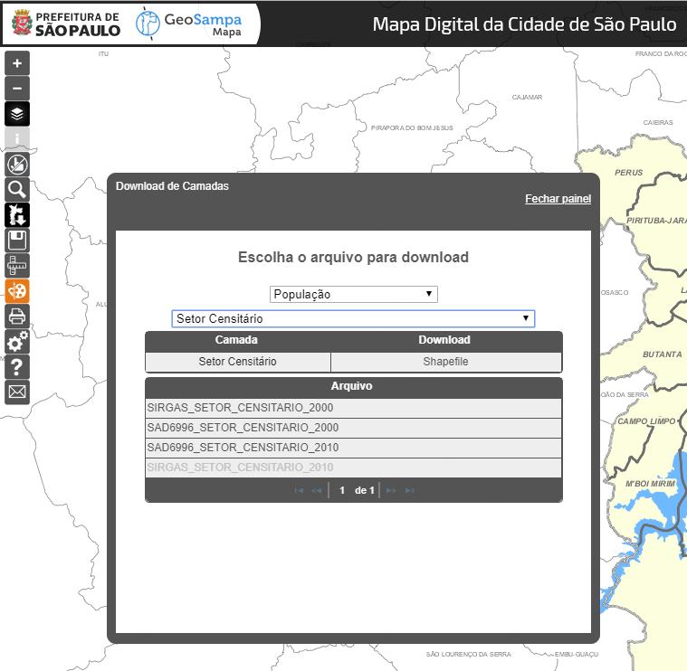 Figura 11: Download da base de dados no Portal GeoSampa. 10. Crie uma pasta Metadados dentro da pasta de sua turma (E:/PTR*/T*/Metadados). Extraia e salve nesta pasta os arquivos compactados. 11. De volta ao site do GeoSampa, clique em Acessar Metadados, no canto superior direito da tela e faça o download dos metadados das bases de dados disponíveis no portal.