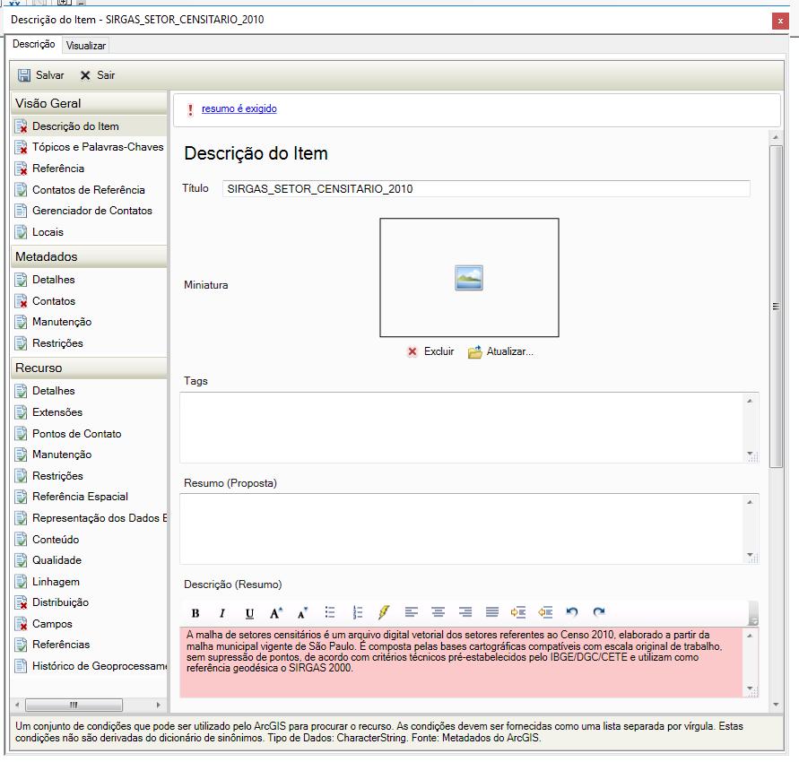 Figura 15: Preenchimento dos metadados no ArcGIS.