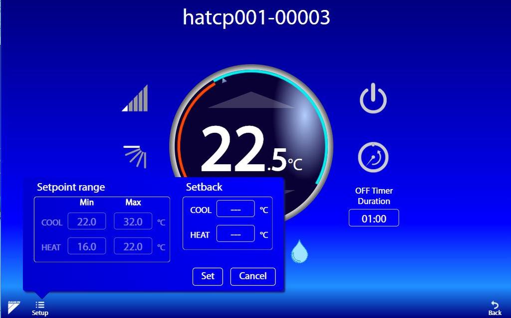 Para desativar, toque em Frio/Quente novamente e toque no botão Ajuste. Quando se limita o intervalo de setpoint um faixa de referência é definido para a unidade interna.