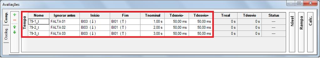 Observe na figura a seleção de sinais nas colunas Ignorar Antes, Iniciar, Fim, Tnominal e Tdesvio.