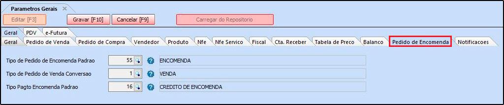 Tipo de Pedido de Encomenda Padrão: Neste campo insira o tipo de pedido, caso não tenha cadastrado é necessário cadastrar como encomenda, em: Configurações > Tipo de Pedido; Tipo de Pedido de Venda