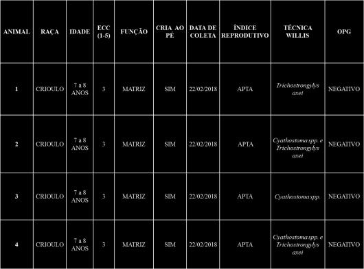 Tabela 2: Primeira avaliação quantitativa e qualitativa de amostras de fezes das matrizes da propriedade B. Fonte: Arquivo Pessoal.