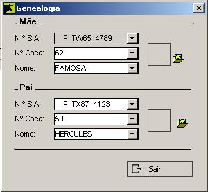 Mãe, Pai 44 Permite visualizar a informação sobre os pais do animal. A escolha do parâmetro a visualizar (Nº SIA, Nº de Casa ou Nome) é feita através da lista disponibilizada após premir sobre.