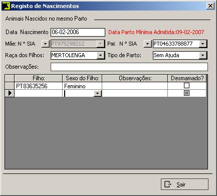 Parto. O Cabeçalho informa também se um intervalo entre partos está de acordo com as Validações parametrizadas para a espécie 13.