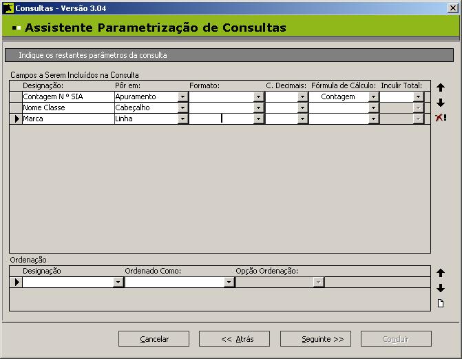 77 O ecrã Indique os restantes parâmetros da consulta está dividido em duas secções: 1- Campos a serem incluídos na Consulta e 2-Ordenação.