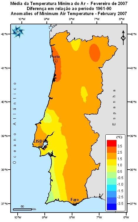 Na Figura 2 apresenta-se a distribuição espacial da média da temperatura mínima e máxima do ar em Fevereiro de 27 e os respectivos desvios em relação aos valores médios 1961-199.