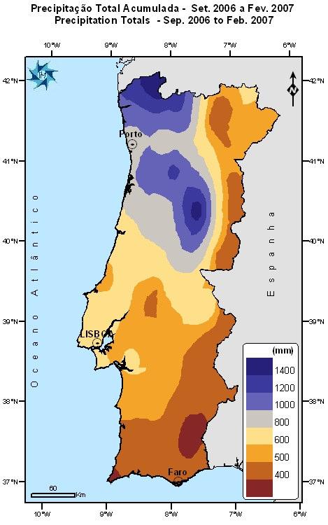 Precipitação desde 1 de Setembro 26 Os valores da quantidade de precipitação desde 1 de Setembro de 26 até 28 de Fevereiro 27 (Figura 6) variaram entre 351 mm em Martim Longo e 1714 mm em Portelinha