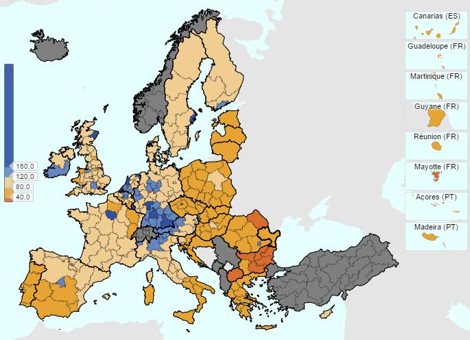 % sobre a média da UE-28 GRÁFICO 3 - PIB PER CAPITA (EM PPC), NAS REGIÕES FRONTEIRIÇAS ENTRE ESPANHA E PORTUGAL UE28=100 (2014).