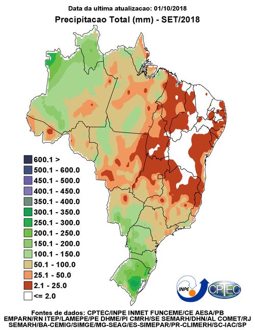 Figura 4 Distribuição de chuvas no Brasil em setembro de 2018. Fonte: CPTEC.