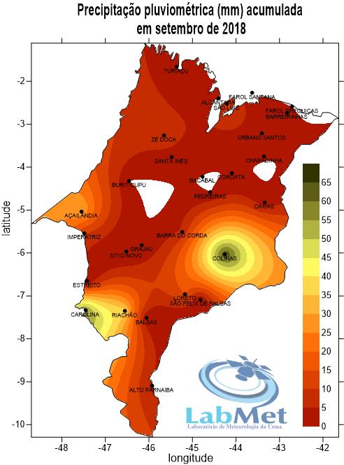 Figura 6 - Distribuição das chuvas em setembro de 2018 no Maranhão: valores observados Os acumulados de chuva no mês de setembro de 2018 para alguns municípios do