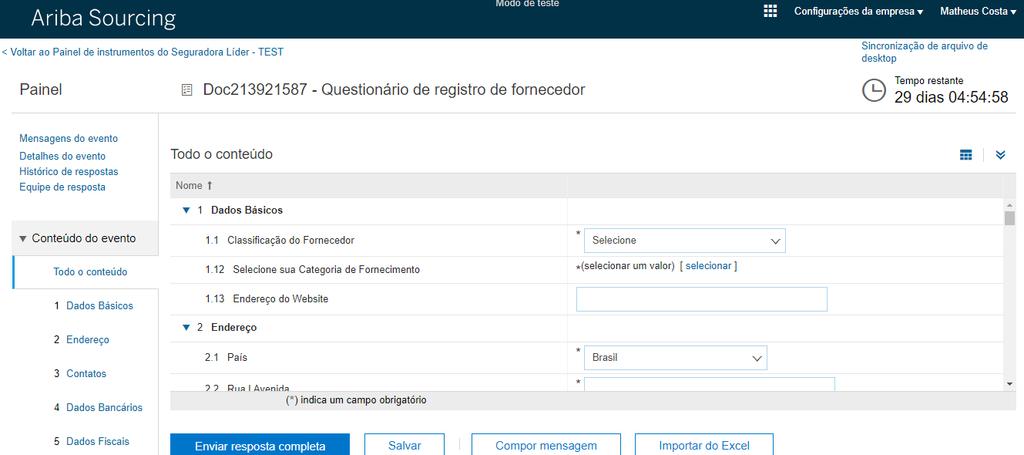 preenchimento do Questionário de registro com seus dados