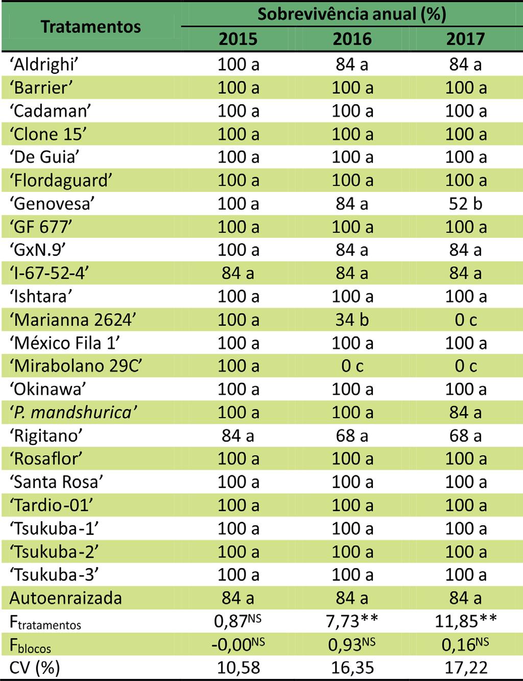 Tabela 3. Taxa de sobrevivência anual da cultivar BRS Libra autoenraizada e enxertada em porta-enxertos clonais durante os três anos de avaliação. Epamig, Maria da Fé, MG, Brasil.