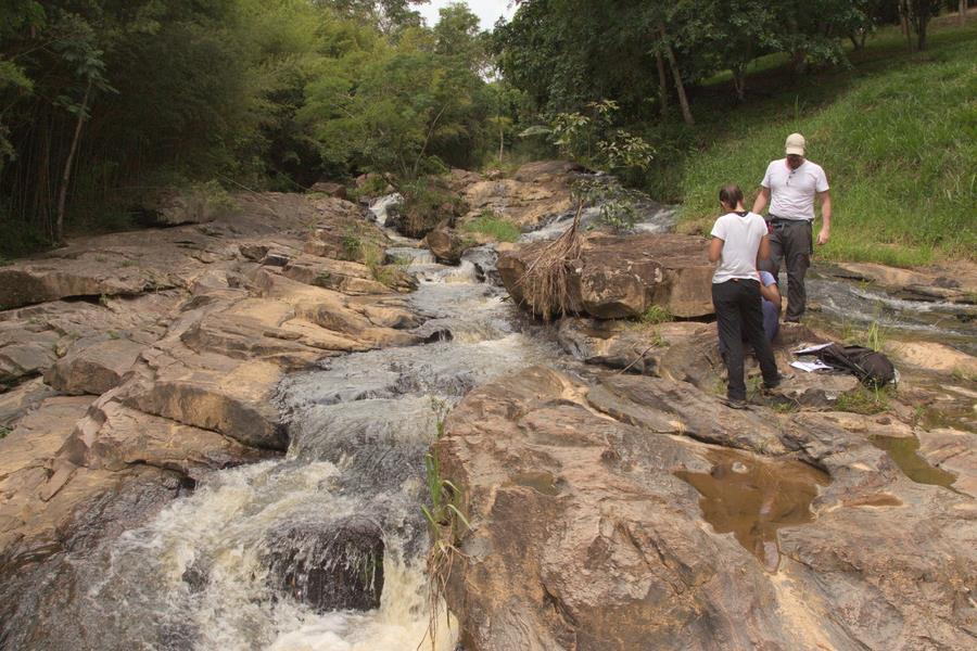 Ponto 3 - (UTM 702960/7567473, zona 23S) Mais a jusante knickpoint formado pela unidade Andrelândia - Biotita gnaisse, bandado, de granulometria média, composta por feldspato, quartzo e biotita com