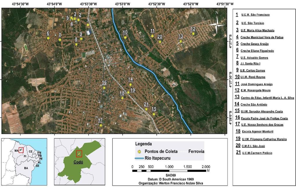 17 4 METODOLOGIA 4.1. Caracterização da área de estudo O município de Codó está localizado na mesorregião Leste Maranhense, na Microrregião de Codó, tendo como coordenadas geográficas 4 25' 05'' Sul, 43 52' 57' Oeste.
