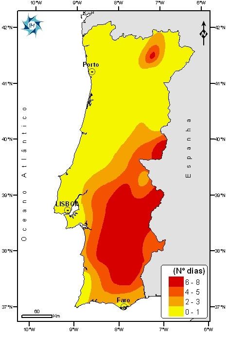 superior a 35ºC Os valores do número de dias com temperatura máxima igual ou superior 30 C (Figura 4a) variaram entre 1 dia na região do litoral Centro e 20 dias em alguns locais do Sul (Alcácer do