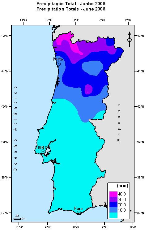2. Precipitação Total A média regional da quantidade de precipitação em Portugal Continental neste mês de Junho de 2008 foi inferior ao valor médio (1971-2000) para o mês, classificando-se como seco