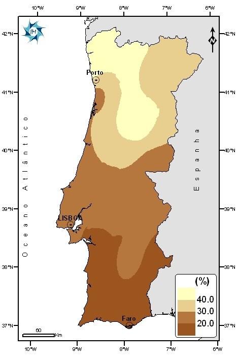 Água no solo Os valores em percentagem de água no solo, em relação à capacidade de água utilizável pelas plantas, em 30 de Junho de 2008 eram inferiores a 50% sendo mesmo