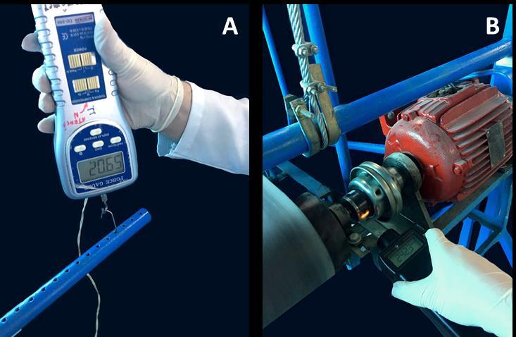 Figura 6 - A) Momento de aferição da força com o dinamômetro; B) momento de aferição da potência com o tacômetro.