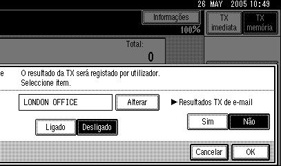 Definições do Remetente A Seleccione [Sim] ou [Não] para a função Resultados TX de E- mail. 1 G Prima [OK]. O visor volta para o passo C. O nome do remetente seleccionado aparece por cima de [Defin.