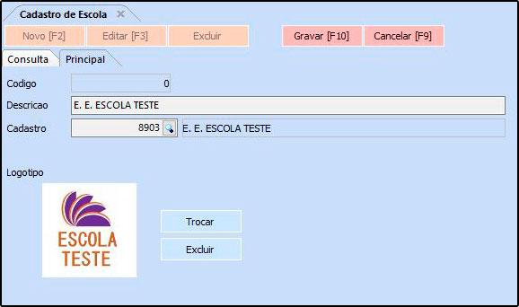 Código: Este campo será preenchido automaticamente ao iniciar o cadastro; Descrição: Neste campo insira o nome da escola; Cadastro: Cadastre a escola como cliente no caminho: Cadastros > Cadastros >