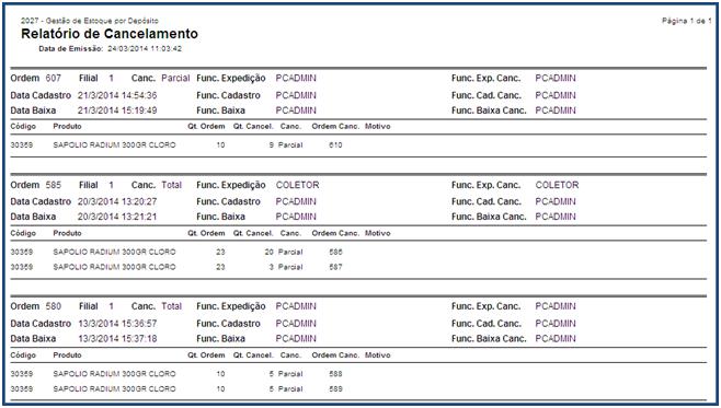 16 mymix Relatório de Cancelamento: Visualiza as requisições canceladas, funcionário da expedição, motivo do cancelamento, código do produto, filial, data da baixa do produto no estoque, dentre