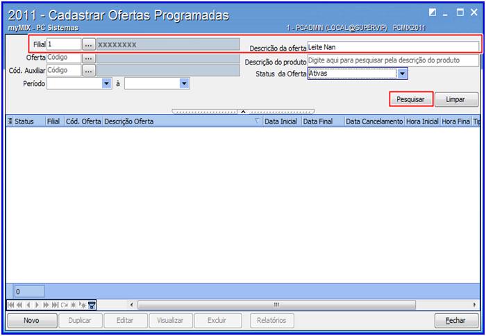 mymix em seguida clique o botão Pesquisar; 2) Selecione o Status da Oferta para auxiliar na pesquisa desejada caso necessário; 3) Clique nos botões Editar ou Excluir e informe o motivo da ação