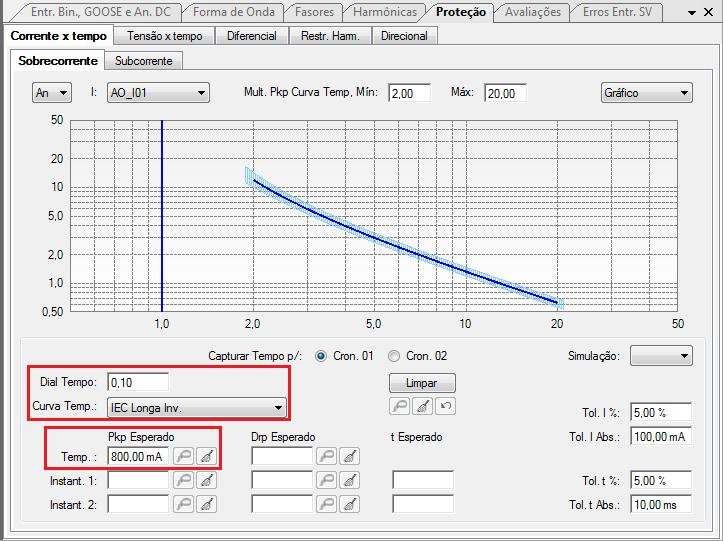 Tabela 2 Dial Tempo 0,1 Curva Temp. IEC LI Temp (Pkp Esperado) 0,8 Figura 25 O próximo ajuste é inserir os valores do instantâneo 1 e 2.
