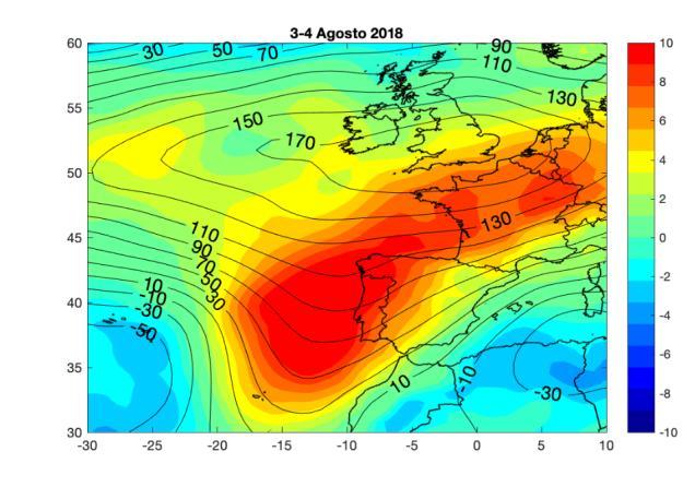 (a) (b) Figura 1 - Valor médio nos dias 3 e 4 de agosto das anomalias da altura do geopotencial aos 500hPa e aos 850hPa, da temperatura e da humidade relativa aos 850hPa nos de área ardida superior a