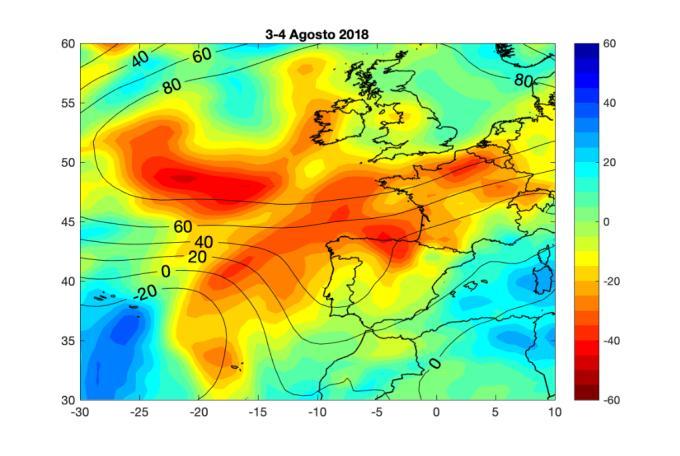 (a) Temperatura ao nível dos 850hPa (cores, ᵒC) e altura do geopotencial aos 500hPa ao nível dos 500hPa (linhas, m); (b) Humidade relativa ao nível dos 850hPa (cores, %) e altura do geopotencial ao