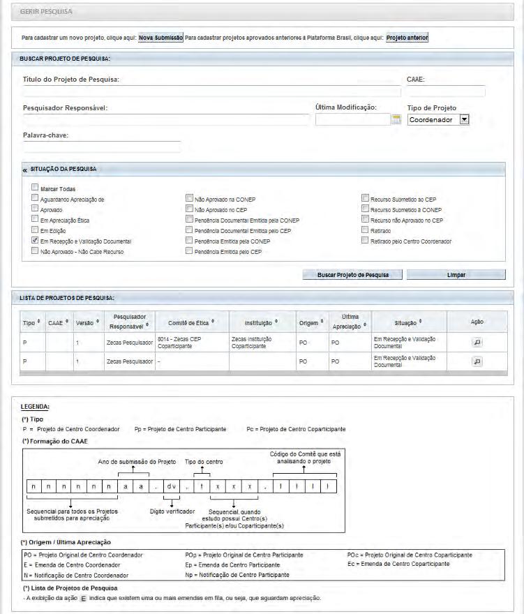 Visualização do Pesquisador após envio do Projeto ao CEP Após o envio do projeto ao CEP, o Pesquisador Responsável e os Assistentes de Pesquisa (informados no estudo) podem