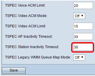 WAP suprimir d no campo do timeout por inatividade TSPEC AP. Nota: Neste exemplo, o timeout por inatividade TSPEC AP é 30. Etapa 19.