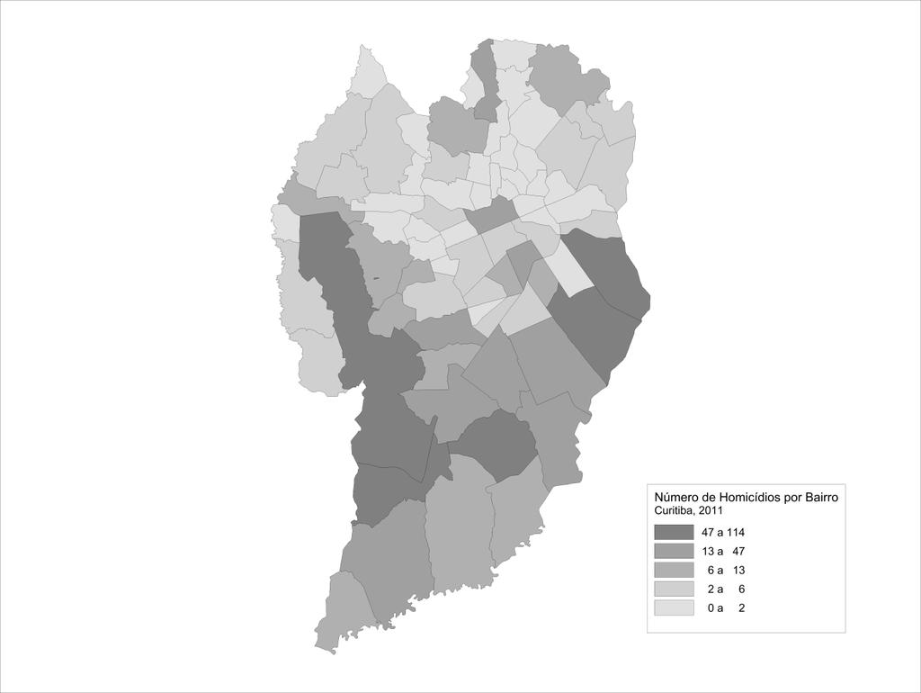 17 Figura 1: Bairros de Curitiba, segundo o número de ocorrências de Homicídio em 2011.