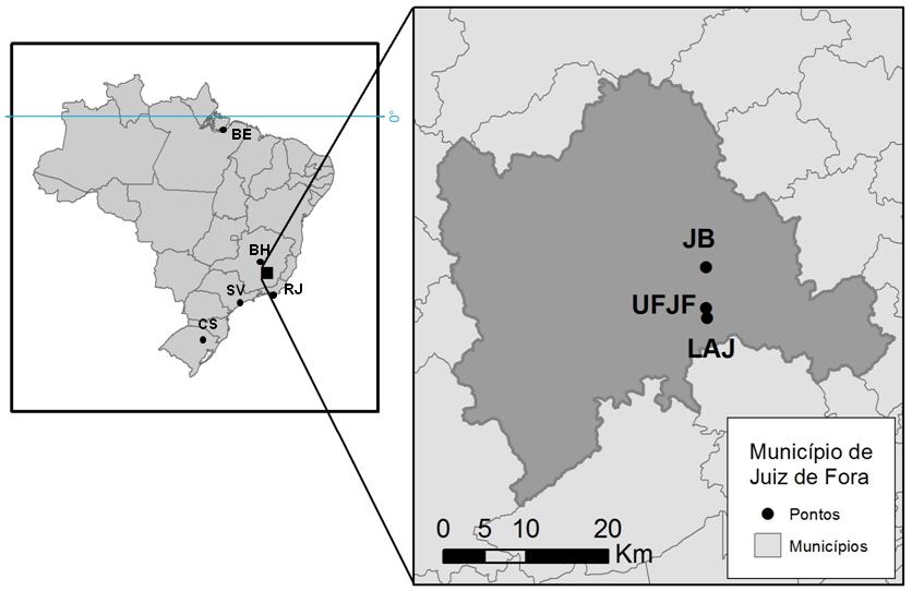Figura 1. Mapa indicando os municípios onde se localizam os fragmentos florestais urbanos com inventários florísticos de musgos utilizados nas análises multivariadas.