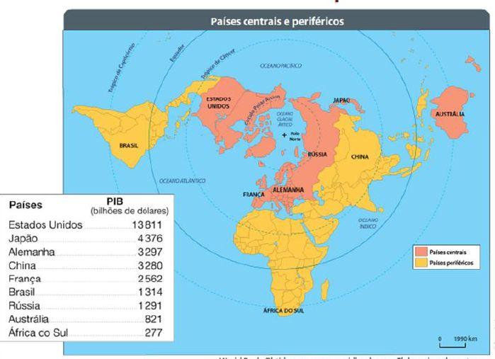 3- Analise o mapa abaixo que mostra uma regionalização classificando os países em periféricos e centrais.