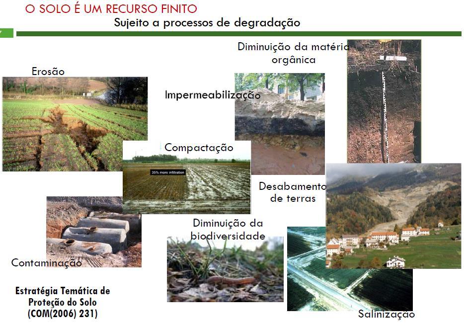 Erosão Diminuição da matéria orgânica Impermeabilização Compactação Desabamento de terras Diminuição da biodiversidade