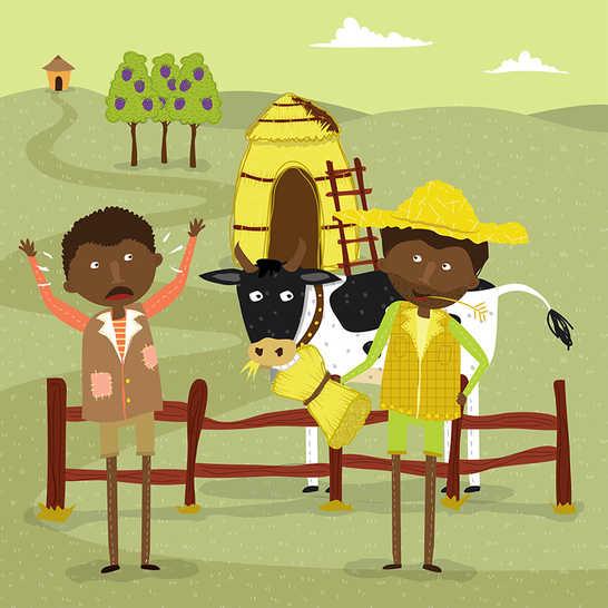 No seu caminho, Vusi encontrou um agricultor e uma vaca.