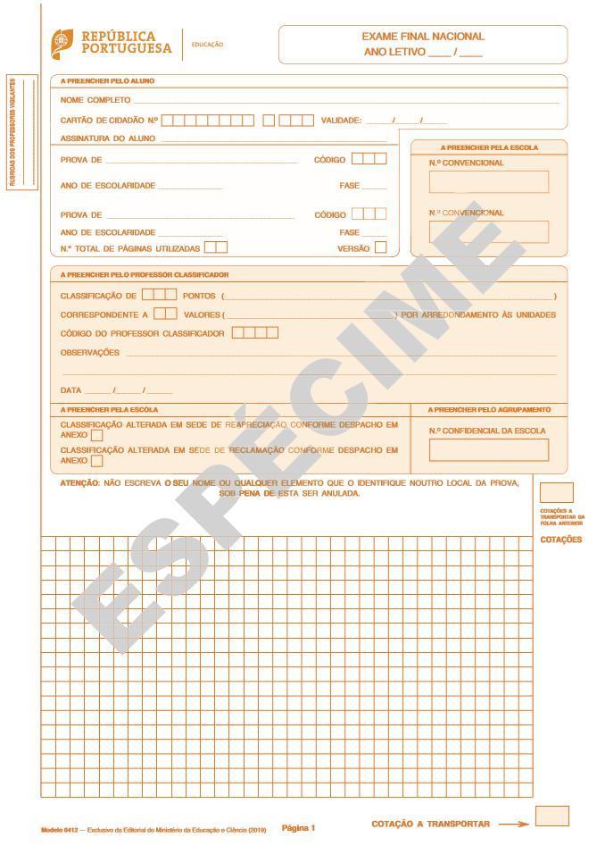 Folha de prova dos exames finais nacionais de