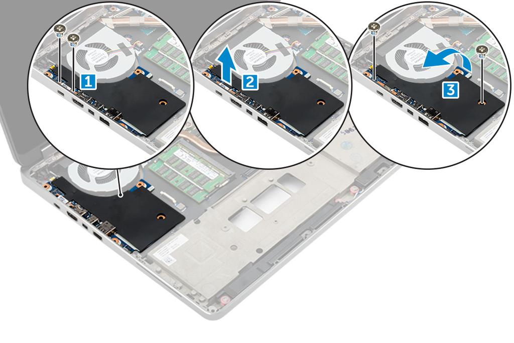 3 Para remover a placa de I/O: a Remova os parafusos M 2,5 x 5 que prendem o suporte da Thunderbolt no computador [1]. b Levante o suporte do conector Thunderbolt [2].