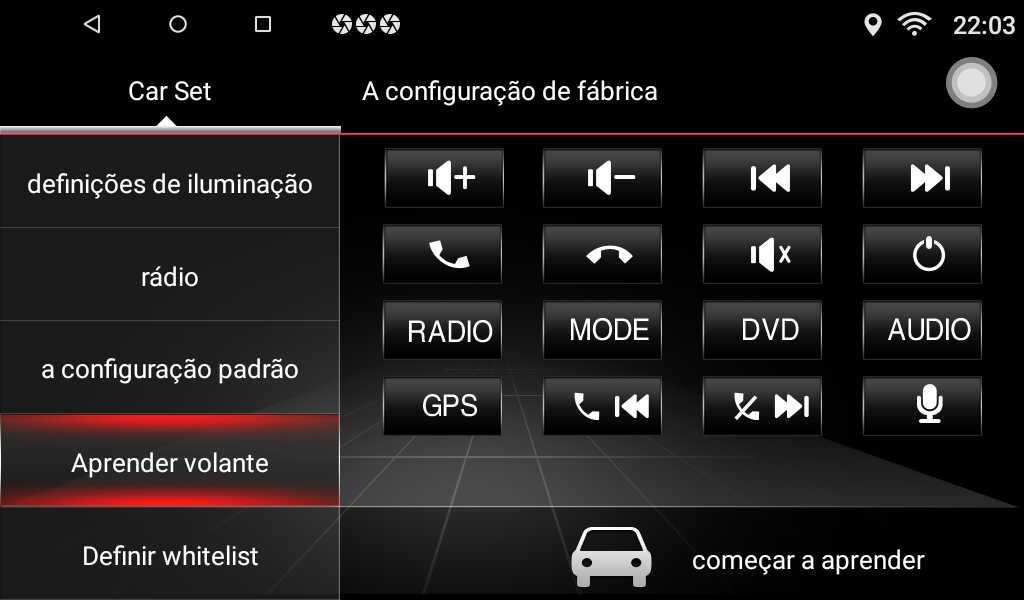 Configuração dos comandos do volante Aceda à função Car Set no ecrã principal e depois seleccione