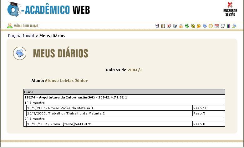 O link de Meus Diários mostra por disciplina todas as atividades que serão efetuadas (avaliações,