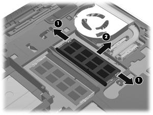 b. Segure a borda do módulo de memória (2) e puxe-o cuidadosamente para fora do respectivo slot. CUIDADO: Para impedir danos ao módulo de memória, segure o módulo de memória somente pelas bordas.